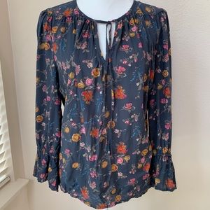 Lucky Brand Silky Floral Tie Neck Blouse Sz L